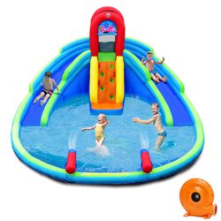 HONEY JOY Inflatable Water Slides, Kids Jumping Bounce House W/Long Slides, Climbing Wall & Large Splash Pool, Water Cannons & Hose For Summer Fun, Bl