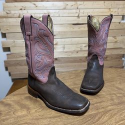 NOCONA VTG. Pink Brown Leather SlipOn Cowboy Western Square Toe Boots size 8.5