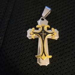 Silver Gold N Black Accent Cross Necklace Pendant 