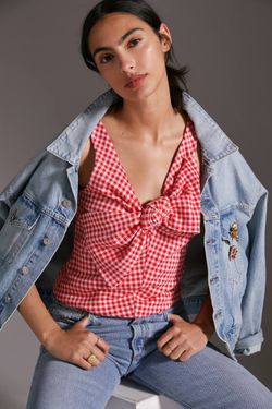 Anthropologie Eva Franco Red Gingham Front Bow Tank Top Size XL