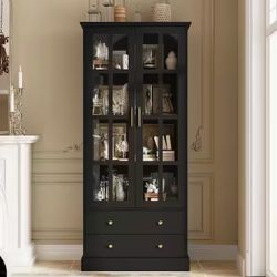 Black 70.1 in. H Office Storage Cabinet Cupboard with Tempered Glass Doors, 2-Drawers and Anti-Dumping Device