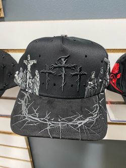 Black Embroidered Religious Graphic Snapback Hat
