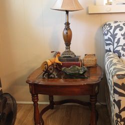 Matching Traditional Wood End Tables with Glass Insets – Set of 2