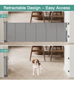 Short Retractable Dog Gate for Large Spaces, 24 Inch Tall & 150 Inches Wide, Reinforced Mesh, Pet & Puppy, Indoor/Outdoor Use, Gray, NEW In Open Box!