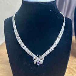 Vintage Italian 925 Sterling Silver Butterfly Pear Amethyst Choker Necklace 16”