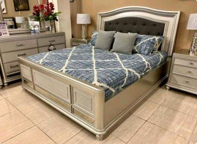 Coralayne Queen Upholstered Sleigh Bed With Mirrored Dresser, Chest And 2 Nightstands, Furniture ✌️