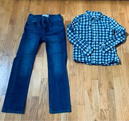 Boys Abercrombie Slim Jeans & Matching Lands End Gingham Flannel Shirt Set Sz12