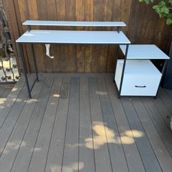 White Computer Desk with Power Outlet, File Drawer, Storage Shelve