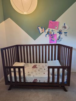 Dark Walnut Wood Midcentury Modern Baby Crib Toddler Bed Pottery Barn