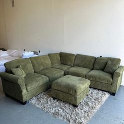 Sage Corduroy Sectional Sofa With Ottoman