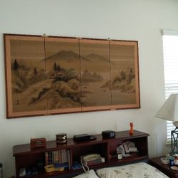 Japanese 4 panel water color silk screen painting – “Landscape scene”
