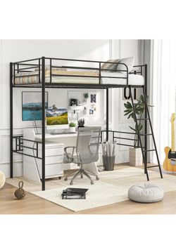 Black Metal Loft Bed with Desk Space