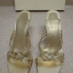New Enzo Angiolini Women's Gold Leather Open Toe Heel Slide Sandal Size 8.5