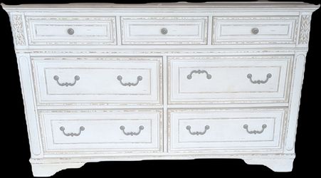 White Distressed 7-Drawer Dresser w/ Chest & Nightstands