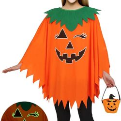 Halloween Pumpkin Costume for Women Kids,Glow in the Dark Adult Halloween Costume with Poncho,Headband & Bag