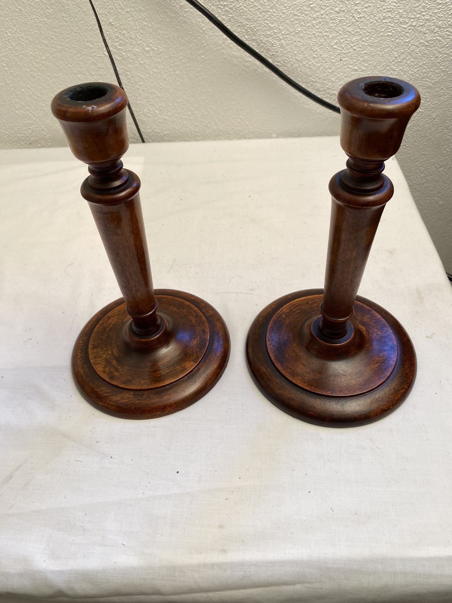 2 Antique Wooden Candle Holders (1929)