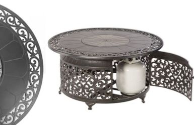 Propane Fire pit with 2 chair set $450/ 6 person 59x35 metal patio dining table and chair set $500
