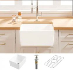 Denbigh Crisp White Ceramic 21 in. Single Bowl Farmhouse Apron Kitchen Sink with Bottom Grid and Pop-up Drain