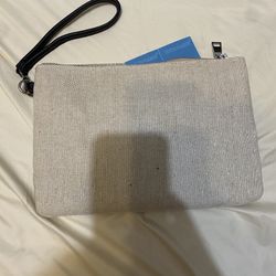 Beige Woven Wristlet Clutch Purse with Black Strap, Zipper Closure, Casual Bag 
