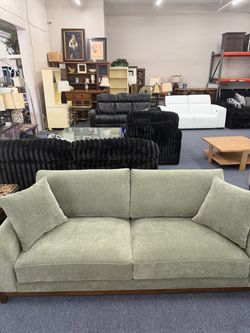 Light Green Fabric Sofa with Wood Base