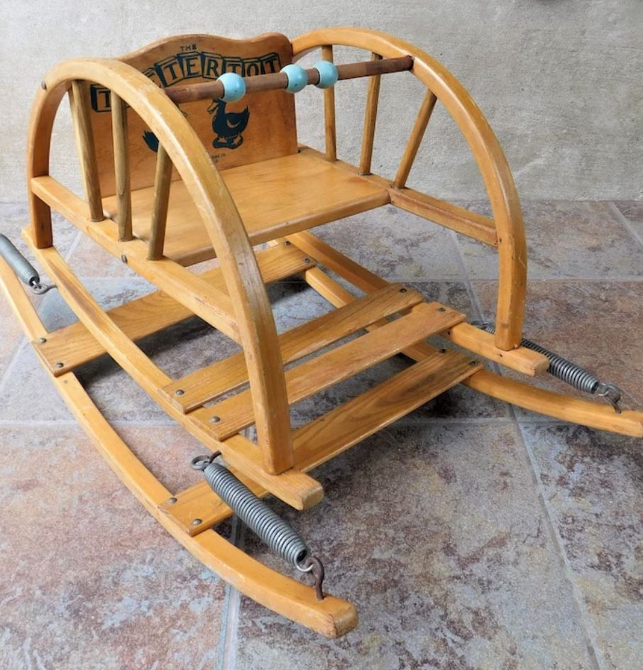 Mid Century Delphos Bentwood Teetertot Shoofly Toddler Rocker, Wooden Bouncer Seat, Child's Rocking Seat with Bead Bar