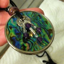 Abalone Pendant Purple Beads Round Metal Piece w/ Black Rope Necklace