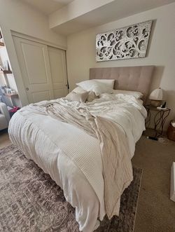 West Elm Sand Linen Tufted Queen Headboard + frame + boxsprings