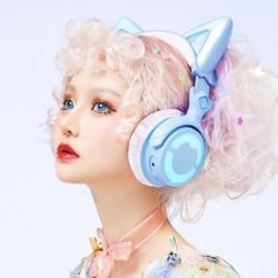 Pair of light blue YOWU RGB Cat Ear Headphones,