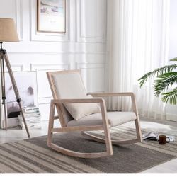 Solid Wood Linen Fabric Antique White wash Painting Rocking Chair with Removable Lumbar Pillow