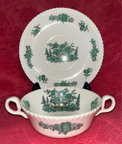 Copeland Spode England Green Flower Basket 2 Handle Soup Cup Bowl & Saucer Set FLAWLESS!