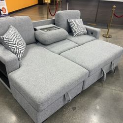 New Couch W Pullout Sleeper / Chaise Storage.  93x61x38H (Seat The 18”).  Free Delivery!