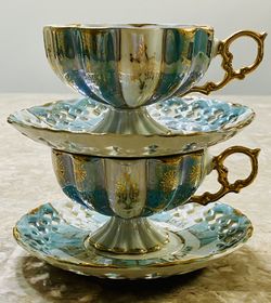 Royal Sealy Japanese  Green & Gold Lusterware Footed Tea Cups and Saucers