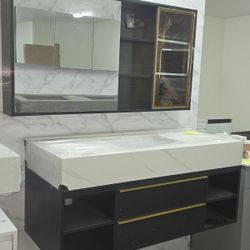 48" Wooden Floating Vanity White Stonetop Sink  w/ Led Mirror 