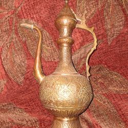 Vintage, hand-etched brass ewer or aftaba