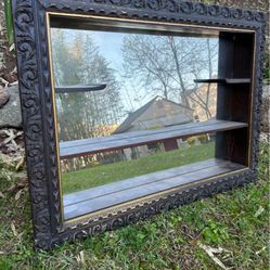 Mid Century Black Ornate Hollywood Regency  Wall Mirror With Shelves 