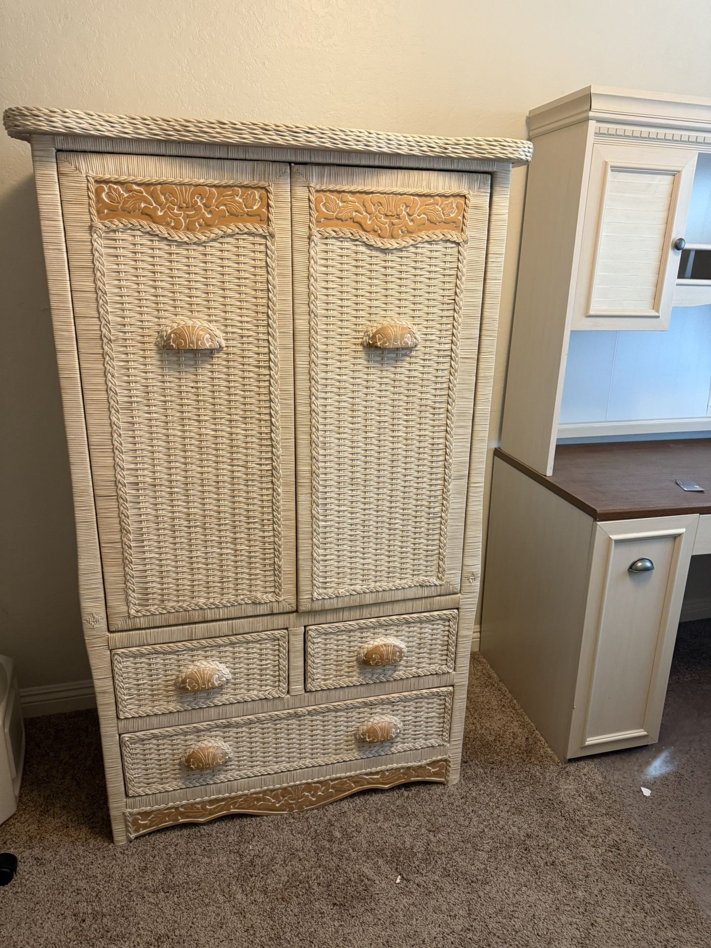 White Wicker Armoire / Cabinet