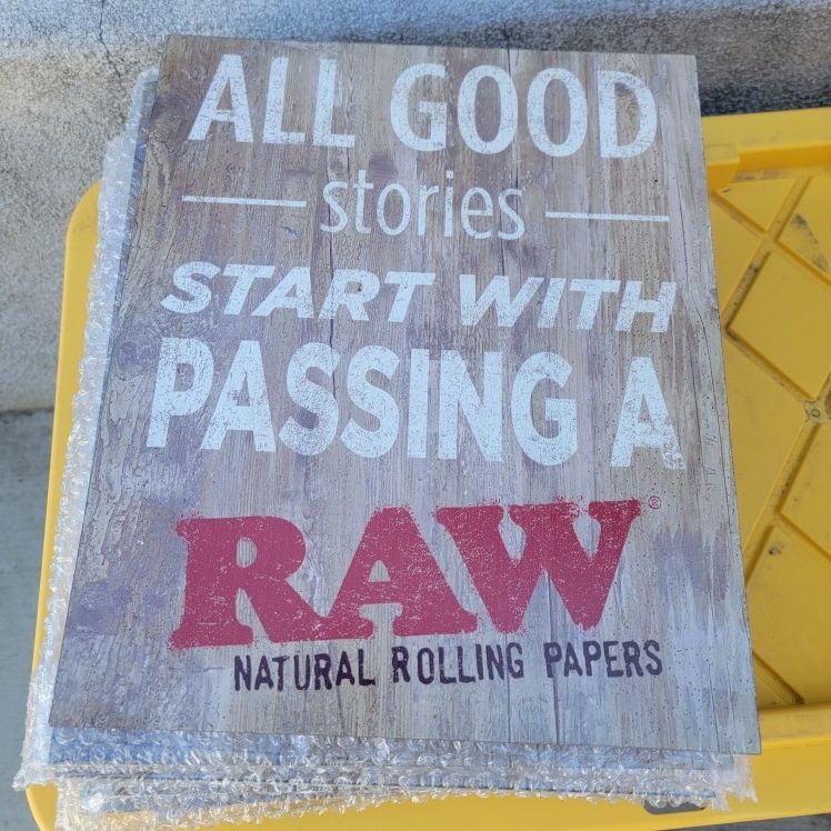 Lot Of 7 RAW Rolling Papers Rustic wood sign: "ALL GOOD STORIES START WITH PASSING A RAW"