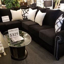 Brand New 121" x 110" Black Velvet Sectional + Accent Pillows