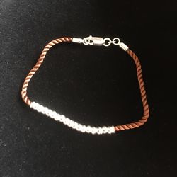 Sterling Silver Half Beads Brown Silk Rope Bracelet.