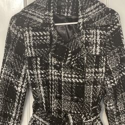 BCX Black White Tweed Belted Trench Coat Size L