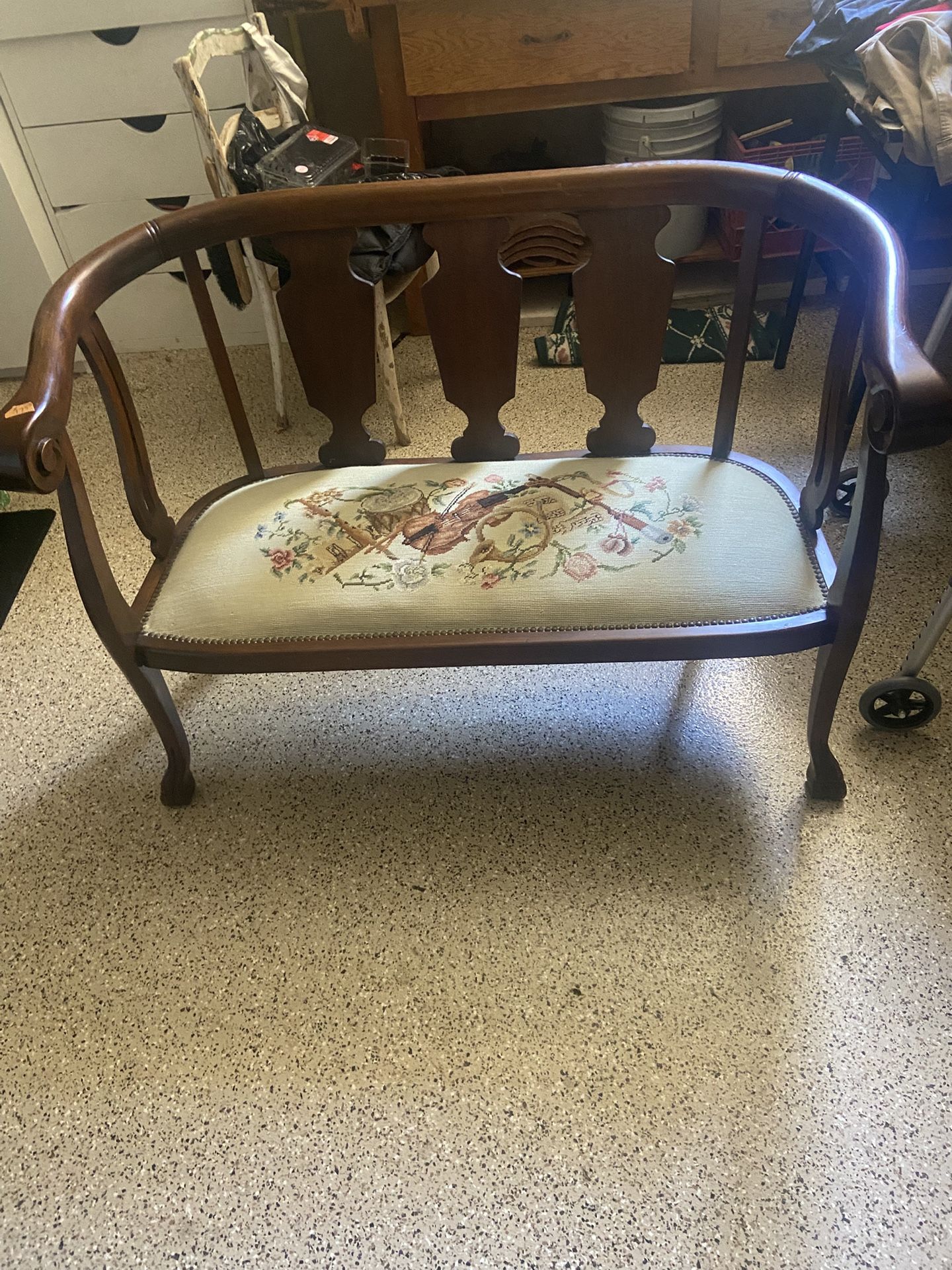 Antique Settee Embroidered Musical Instruments