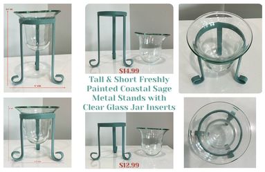 Tall & Short Freshly Painted Coastal Sage Metal Stands with Clear Glass Jar Inserts