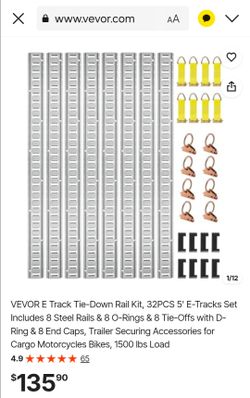 VEVOR E Track Tie-Down Rail Kit, 32PCS 5' E-Tracks Set Includes 8 Steel Rails & 8 O-Rings & 8 Tie-Offs with D-Ring & 8 End Caps, Trailer Securing Acce