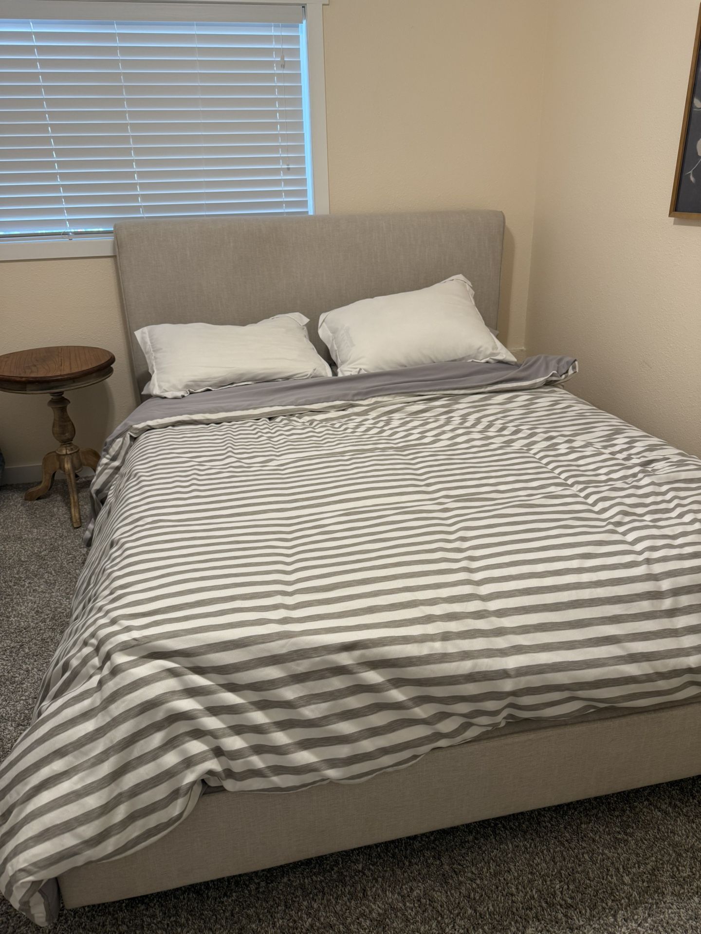 Queen size bed frame, mattress, sheets, and comforter