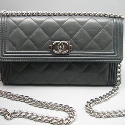 Authentic Chanel Boy Grey Lambskin Leather CC Large Bag Wallet