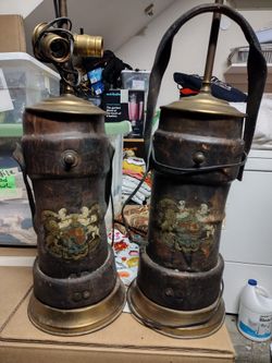 Antique Leather Cordite Desk Lamps Gun Powder Bucket 19 Century