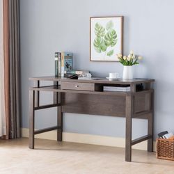 Computer Desk With Power Outlet and USB Ports in Walnut Brown Finish Ready To Assemble