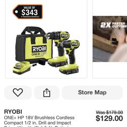 Brand New Ryobi 18v HP Compact 1/2 Inch Drill & Impact Driver Set w/2 Batteries & 1 Charger