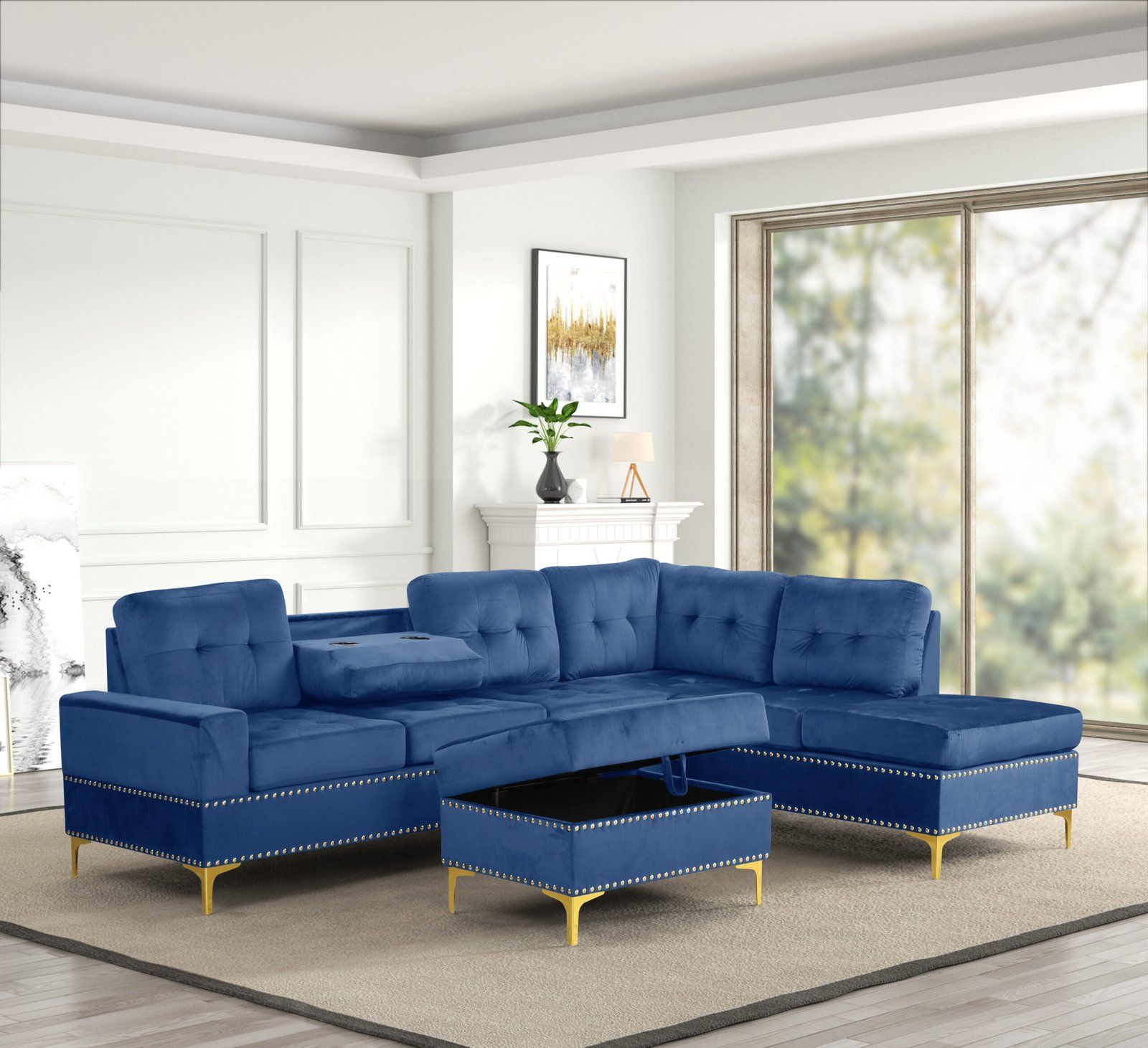 Naples 3-Piece Blue Velvet Sectional with Storage Ottoman