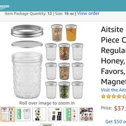 Aitsite 16 OZ Mason Jars, 12 Piece Canning Jar Set With Regular Lids, Ideal for Jelly, Jam, Honey, Wedding Favors, Shower Favors, Baby Foods, DIY Magn